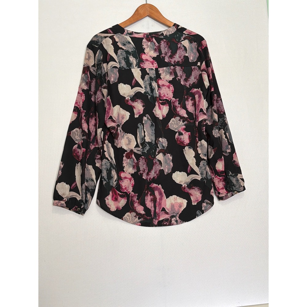 Ivanka Trump Womens Floral V-Neck Blouse Black Pink Purple Long Sleeve Large - Picture 7 of 9